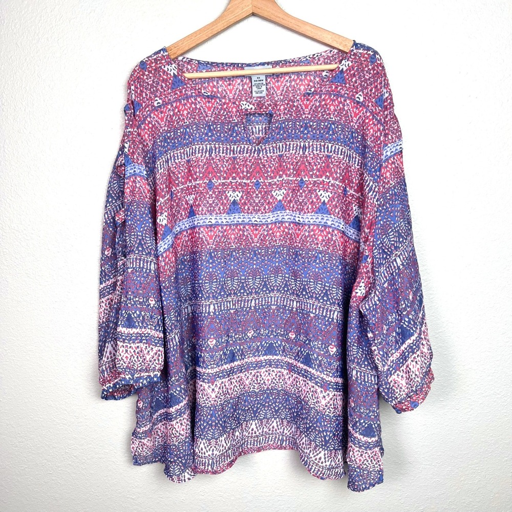 Catherines Womens 5X 34/36W Blouse Red Blue Tribal Print‎ Ladder Sleeve Top